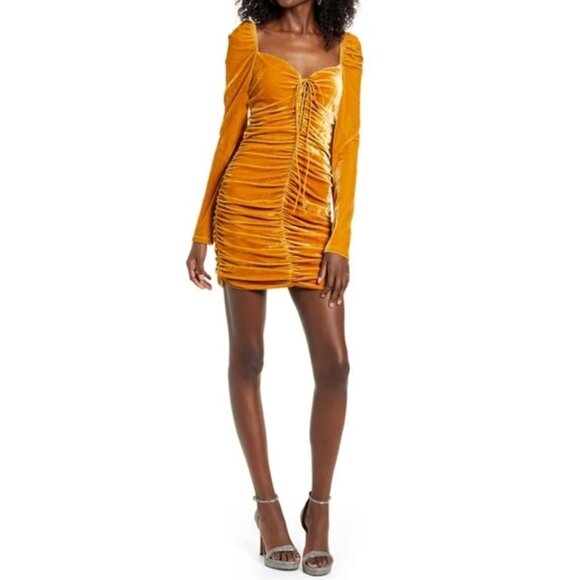 Endless Rose Ruched Long Sleeve Velvet Bodycon Dress Yellow - Picture 1 of 12